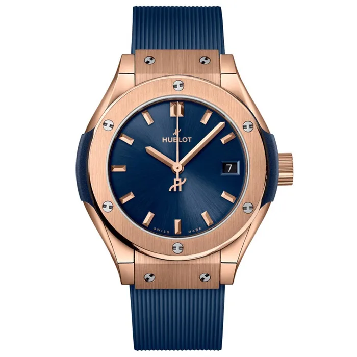 Classic Fusion 29mm in Red Gold On Blue Rubber Strap with Blue Dial