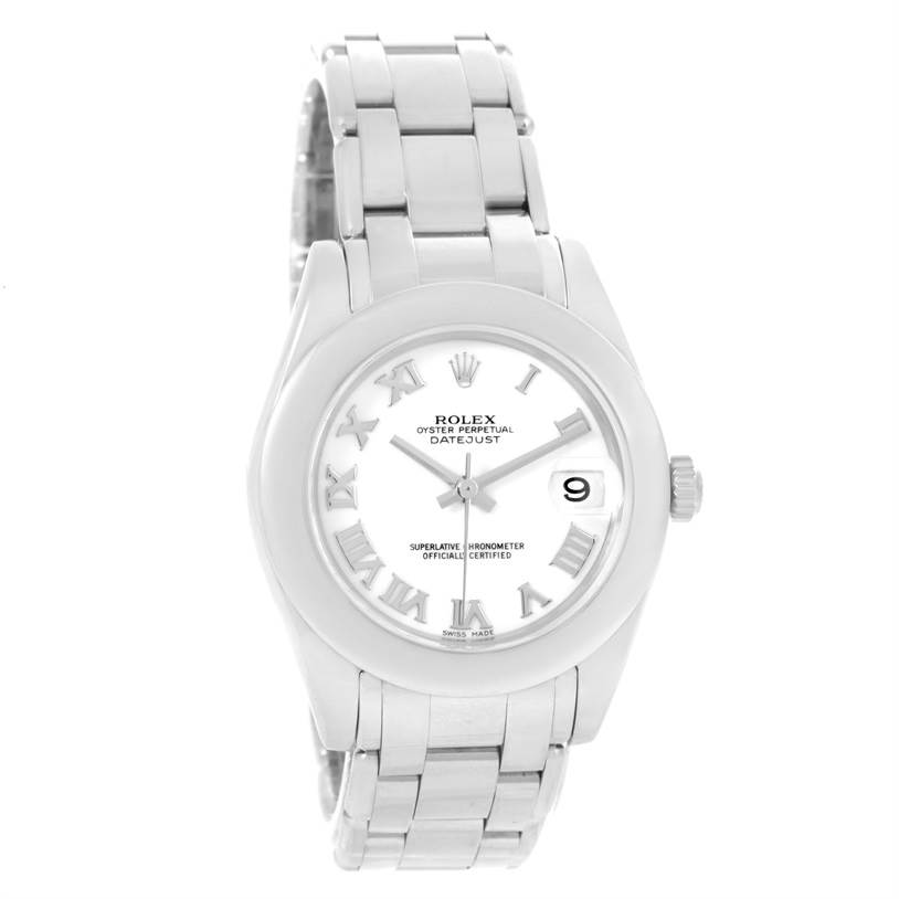 Masterpiece 34mm in White Gold with Smooth Bezel on Pearlmaster Bracelet with White Roman Dial