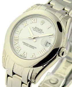 Masterpiece 34mm in White Gold with Smooth Bezel on Pearlmaster Bracelet with White Roman Dial