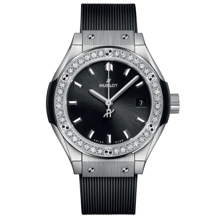 Classic Fusion 29mm in Titanium with Diamond Bezel On Black Rubber Strap with Black Dial