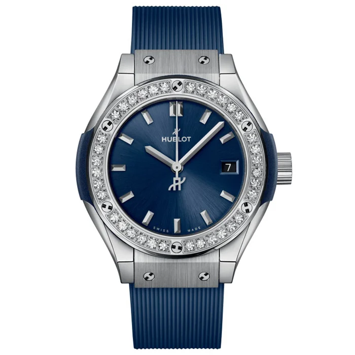 Classic Fusion 29mm in Titanium with Diamond Bezel On Blue Rubber Strap with Blue Dial