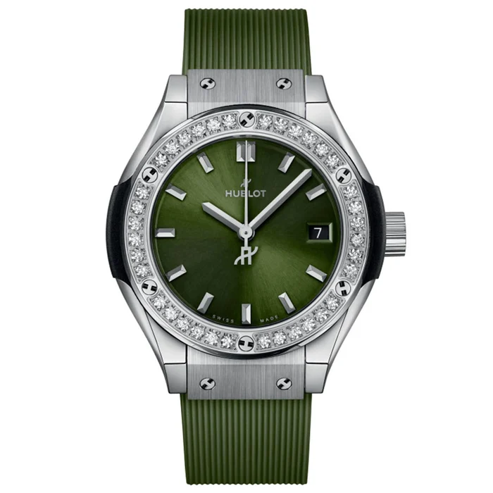 Classic Fusion 29mm in Titanium with Diamond Bezel On Green Rubber Strap with Green Dial