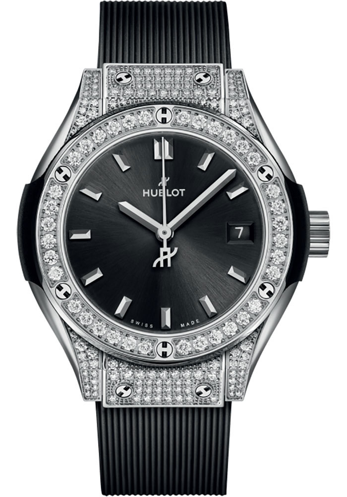 Classic Fusion 29mm in Titanium with Pave Diamond Case On Black Rubber Strap with Black Dial