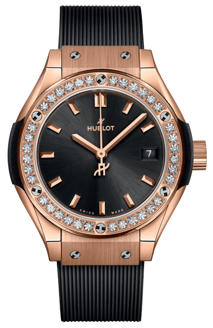 Classic Fusion 29mm in Red Gold with Diamond Bezel On Black Rubber Strap with Black Dial