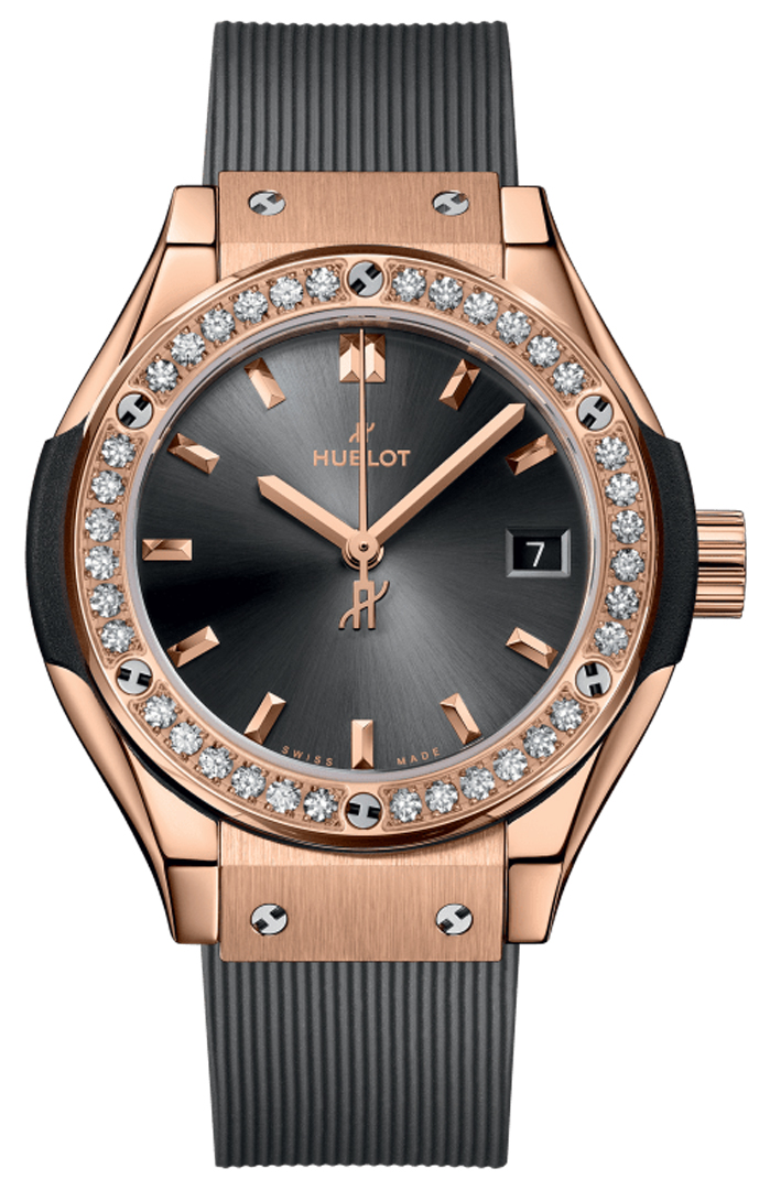Classic Fusion 29mm in Red Gold with Diamond Bezel On Grey Rubber Strap with Grey Dial
