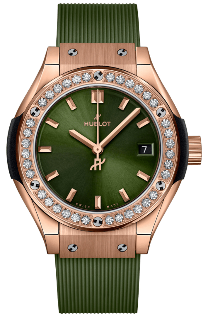 Classic Fusion 29mm in Red Gold with Diamond Bezel On Green Rubber Strap with Green Dial