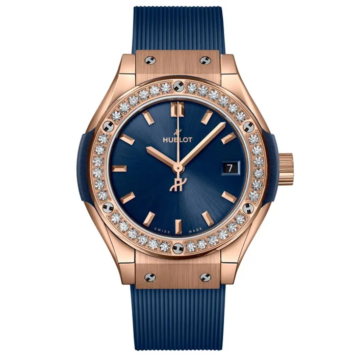 Classic Fusion 29mm in Red Gold with Diamond Bezel On Blue Rubber Strap with Blue Dial