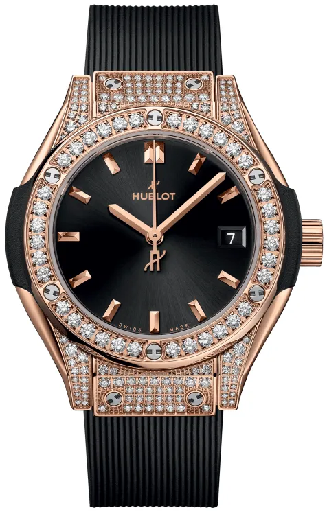 Classic Fusion 29mm in Red Gold with Diamond Bezel On Black Rubber Strap with Black Dial