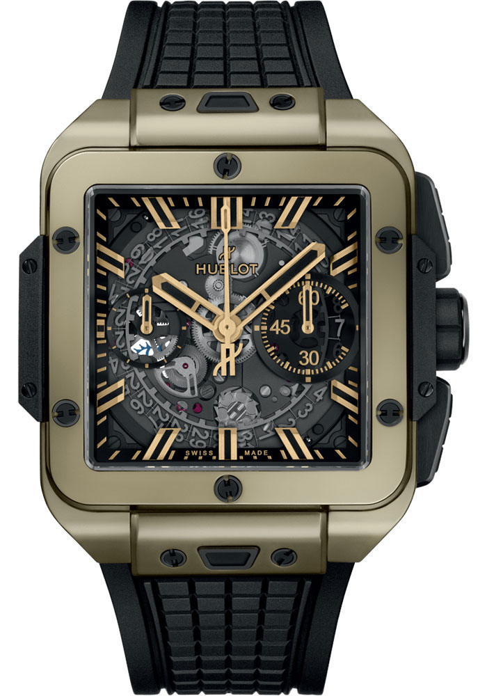 Square Bang Unico 42mm in Magic Gold on Black Rubber Strap with Skeleton Dial