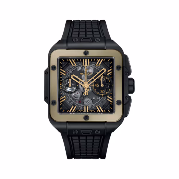 Square Bang Unico 42mm in Black Ceramic with Magic Gold Bezel on Black Rubber Strap with Skeleton Dial