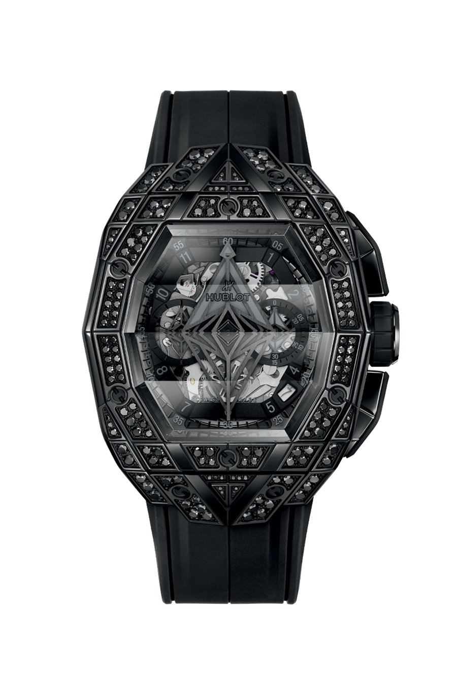 Spirit of Big Bang Sang Bleu 42mm in Black Ceramic with Pave Diamond Case on Black Rubber Strap with Sapphire Crystal Dial