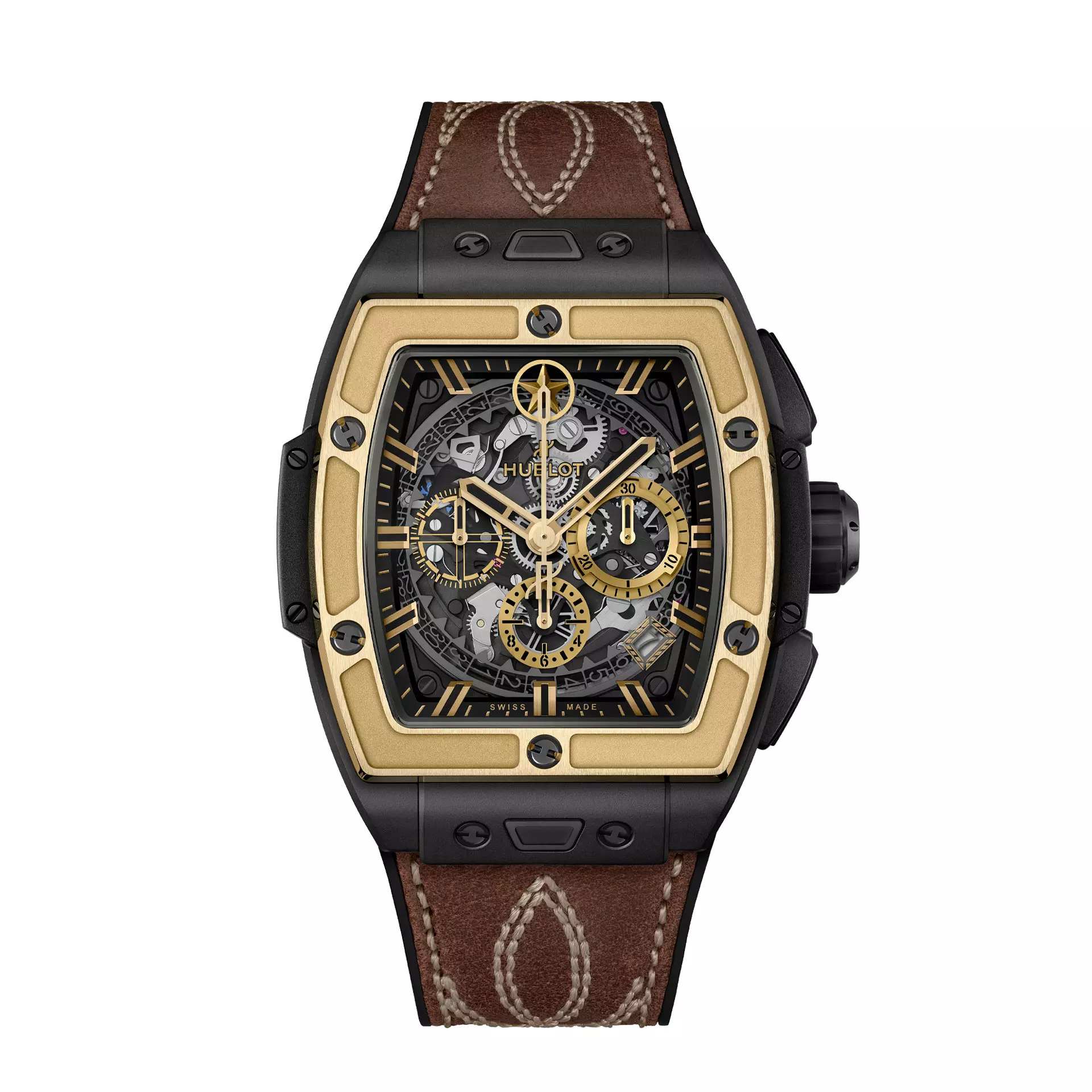 Spirit of Big Bang Texas 42mm in Black Ceramic with Uellow Gold Bezel on Black Rubber Strap with Sapphire Crystal Dial