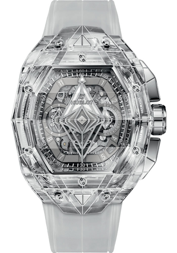 Spirit of Big Bang Sang Bleu 42mm in Sapphire Crystal on White Transparent Rubber Strap with Sapphire Crystal Skeleton Dial