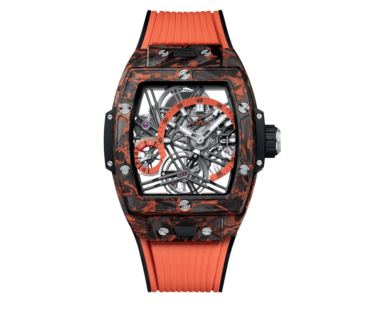 Spirit of Big Bang Sang Bleu 42mm in Black Carbon Fiber on Black and Orange Rubber Strap with Sapphire Dial