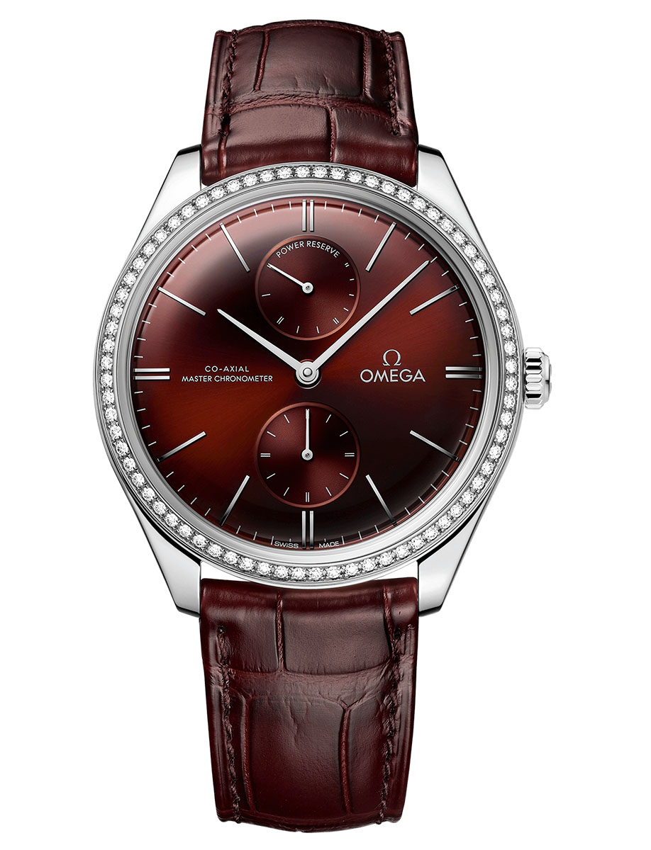 De Ville Tresor Co-Axial Master Chronometer Power Reserve 40mm in Steel with Diamond Bezel On Burgundy Crocodile Leather Strap with Burgundy Dial