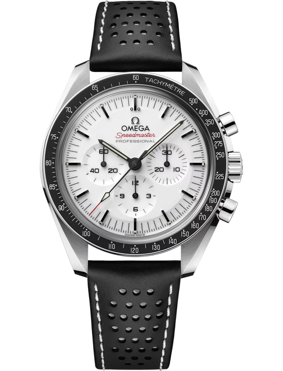 Speedmaster Moonwatch Chronometer in Steel with Black Bezel on Black Calfskin Leather Strap with White Dial