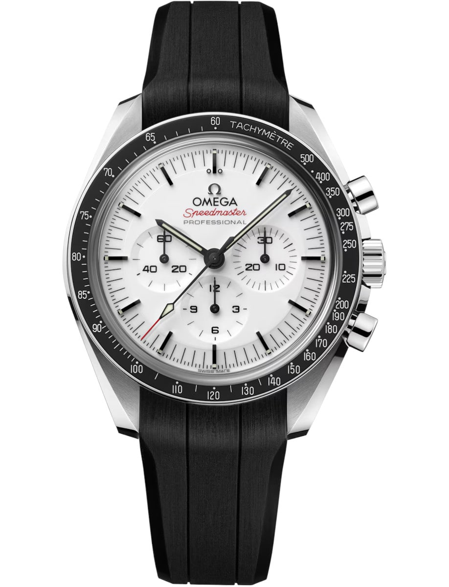 Speedmaster Moonwatch Chronometer in Steel with Black Bezel on Black Rubber Strap with White Dial