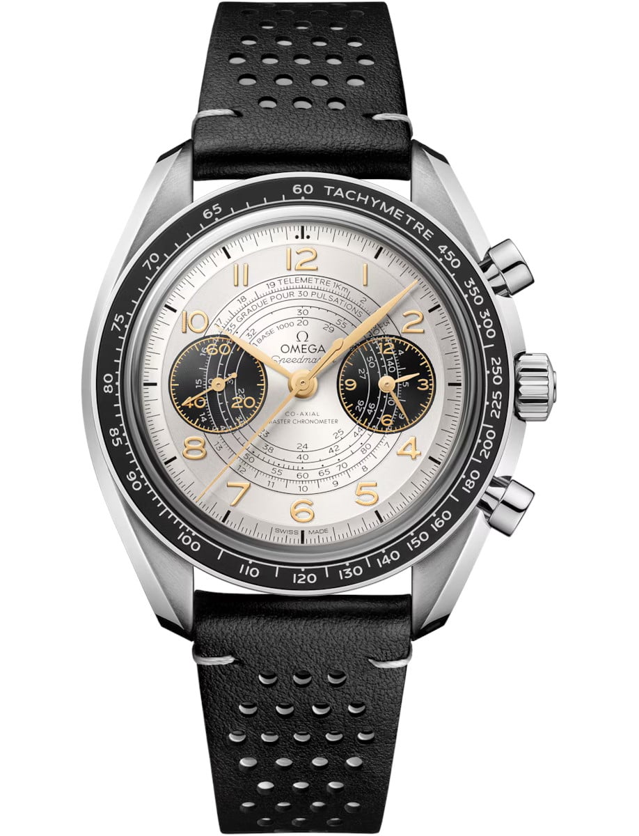 Speedmaster Chronoscope 43mm in Steel with Black Bezel on Black Leather Strap with Silver Dial