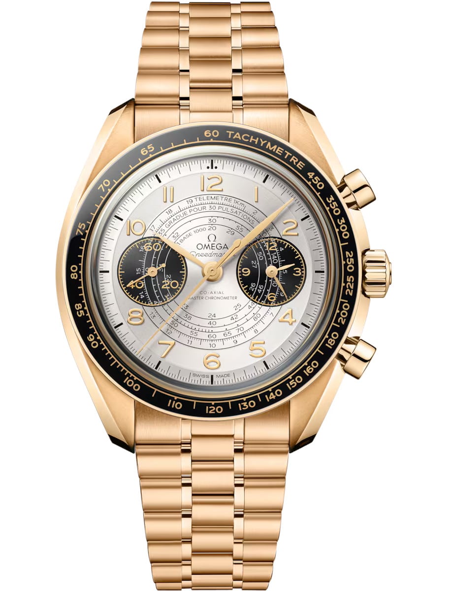 Speedmaster Chronoscope 43mm in Moonshine Gold with Black Ceramic Bezel on Moonshine Gold Bracelet with Silver Dial