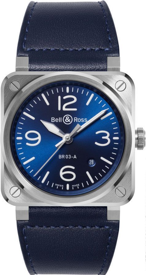 BR-03 A 41mm in Steel on Blue Calfskin Leather Strap with Blue Dial