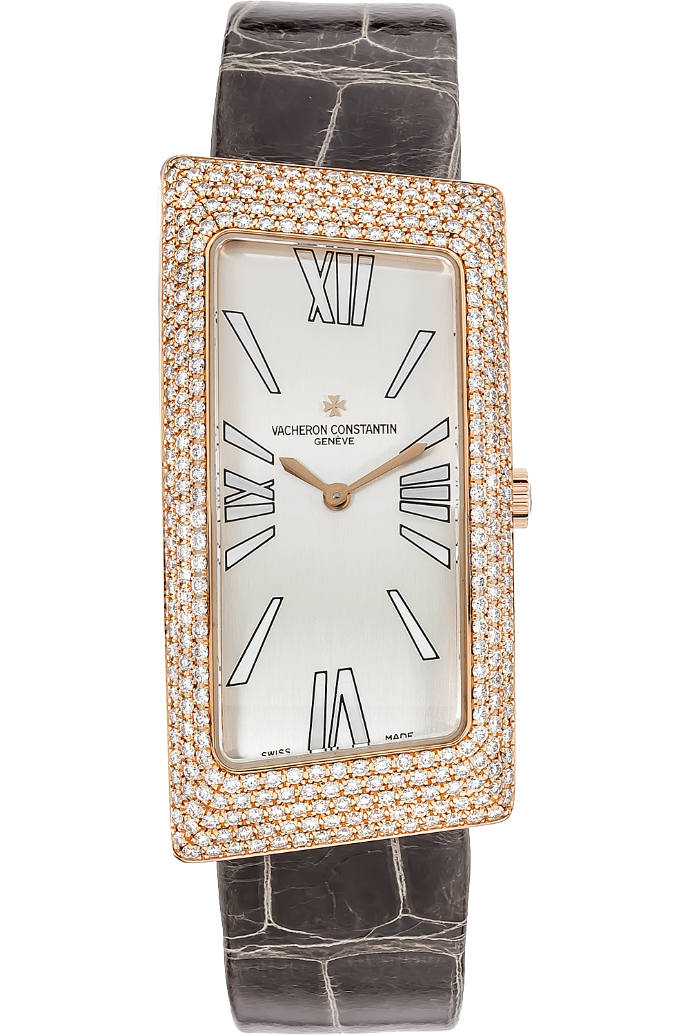 1972 Asymmetric in Rose Gold with Diamond Case in Grey Crocodile Leather Strap with Silver Dial