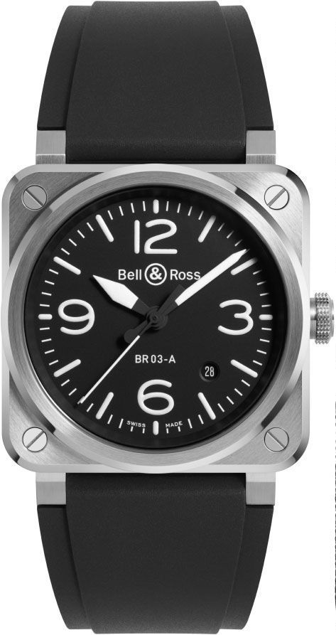 BR-03 A 41mm in Steel on Black Rubber Strap with Black Dial