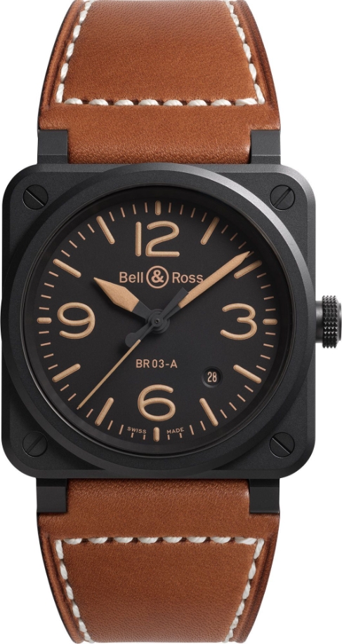 BR-03 Heritage 41mm in Black Ceramic on Brown Calfskin Leather Strap with Black Dial