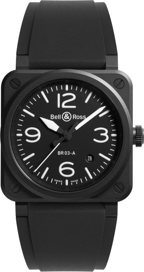BR-03 41mm in Black Ceramic on Black Rubber Strap with Black Dial 