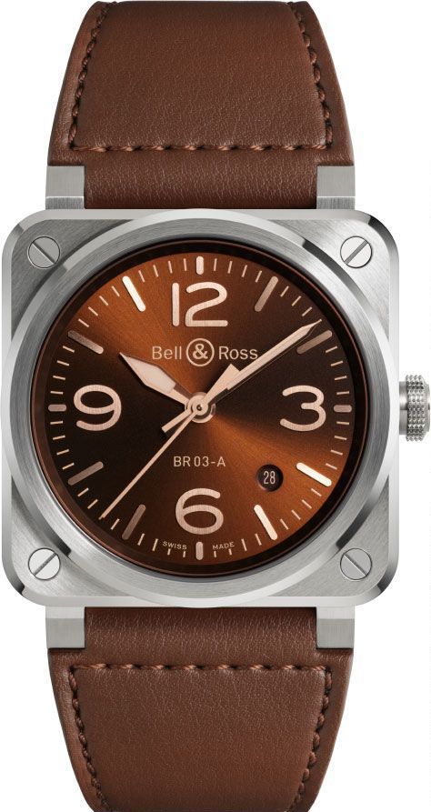 BR-03 Golden Heritage 41mm in Steel on Brown Calfskin Leather Strap with Brown Sunray Dial