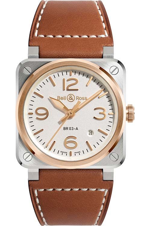BR-03 41mm in Steel with Rose Gold Bezel on Brown Calfskin Leather Strap with Silver Dial