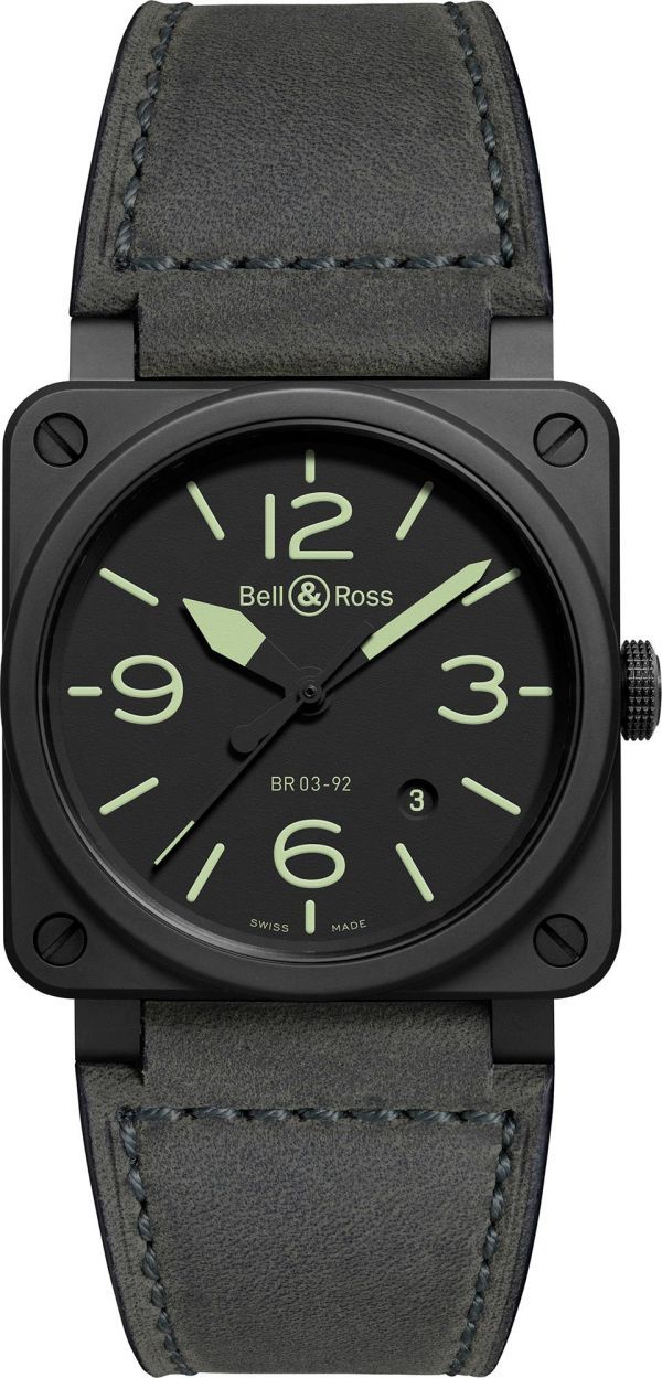 BR-03 Nightlum 42mm in Black Ceramic on Grey Green Calfskin Leather Strap with Black Dial