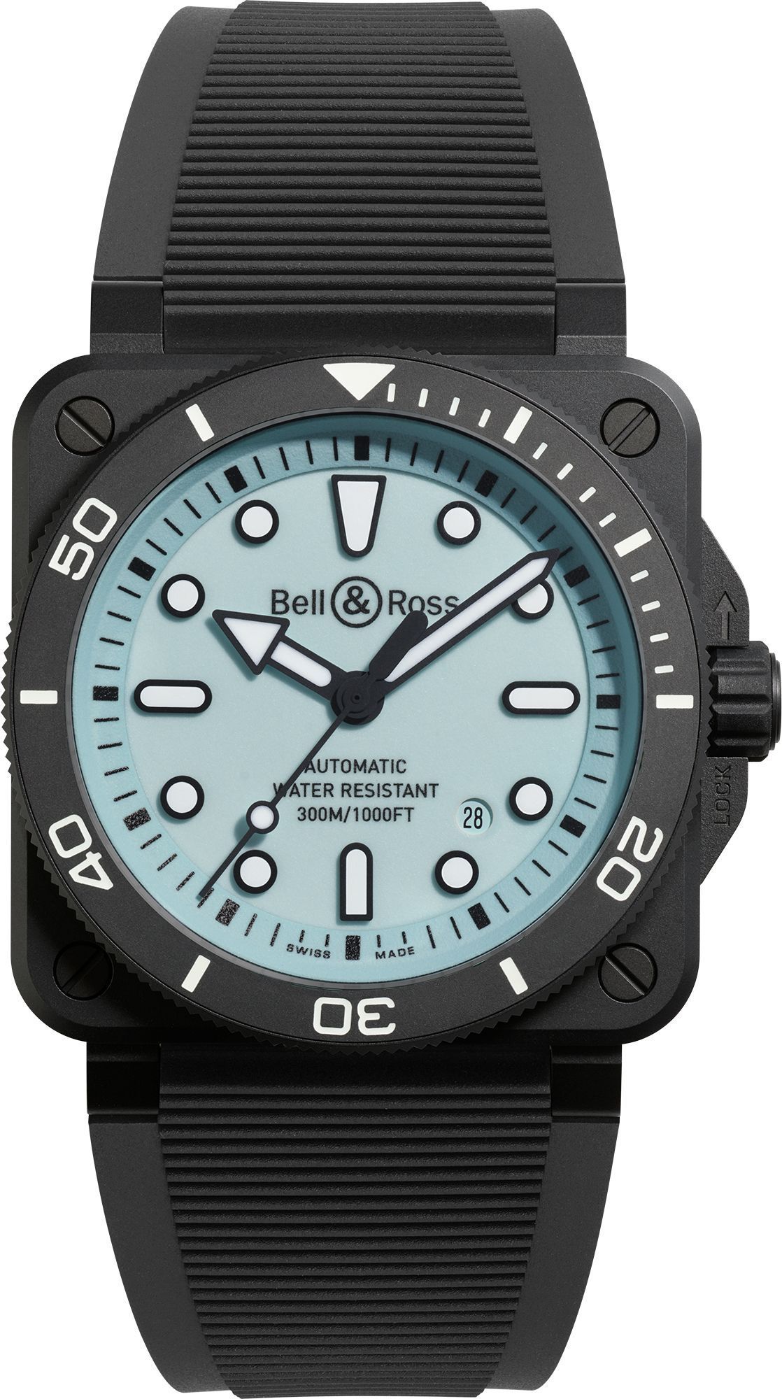 BR-03 Diver Full Lum 42mm in Black Ceramic on Black Rubber Strap with Blue Glow Dial