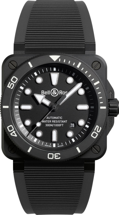 BR-03 Diver Black Matte 42mm in Black Ceramic on Black Rubber Strap with Black Dial