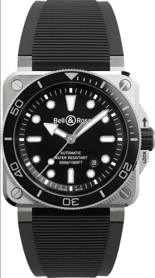 BR-03 Diver 42mm in Steel with Black Ceramic on Black Rubber Strap with Black Dial