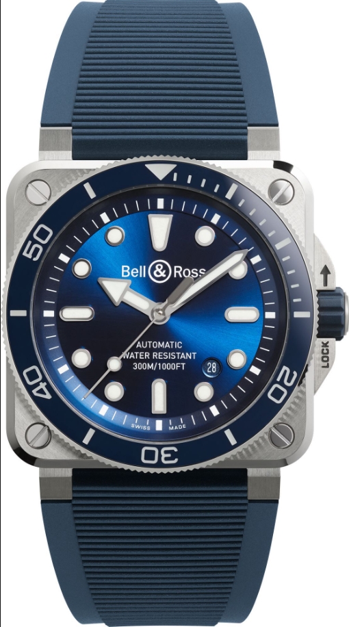 BR-03 Diver 42mm in Steel with Blue Ceramic on Blue Rubber Strap with Blue Dial