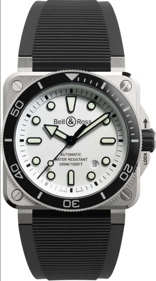 BR-03 Diver 42mm in Steel with Black Ceramic on Black Rubber Strap with White Dial