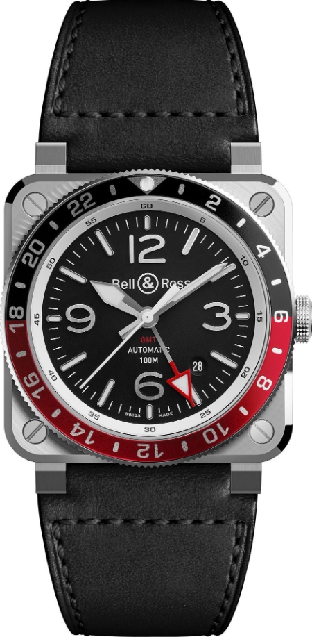 BR-03 GMT 42mm in Steel with Black and Red Bezel on Black Calfskin Leather Strap with Black Dial