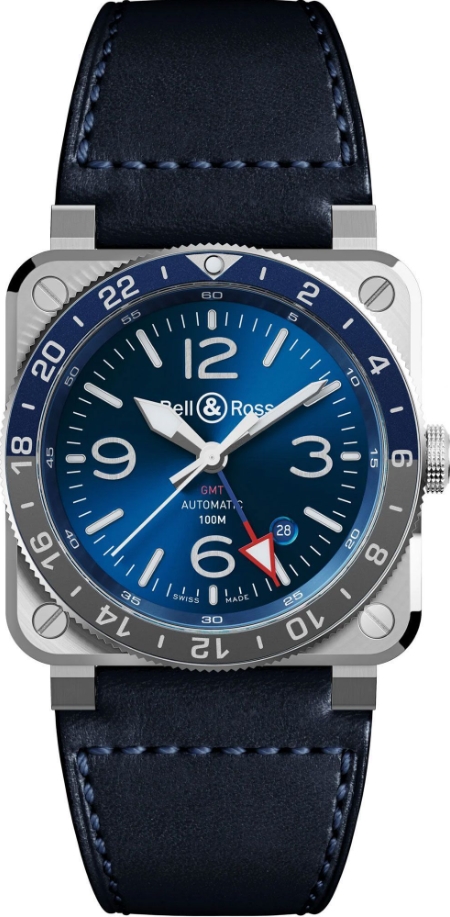 BR-03 GMT 42mm in Steel with Blue and Grey Bezel on Blue Calfskin Leather Strap with Blue Dial