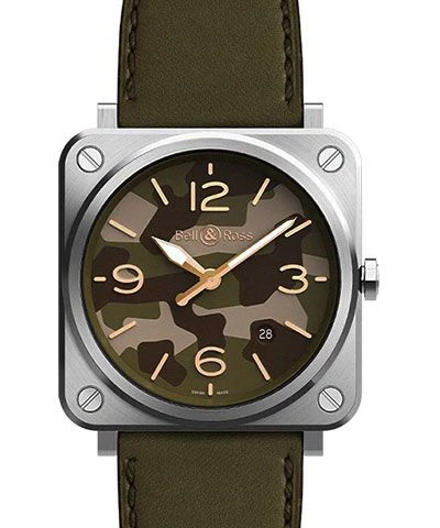 BRS Green Camo 39mm in Steel  on Green Calfskin Leather Strap with Green Camouflage Dial