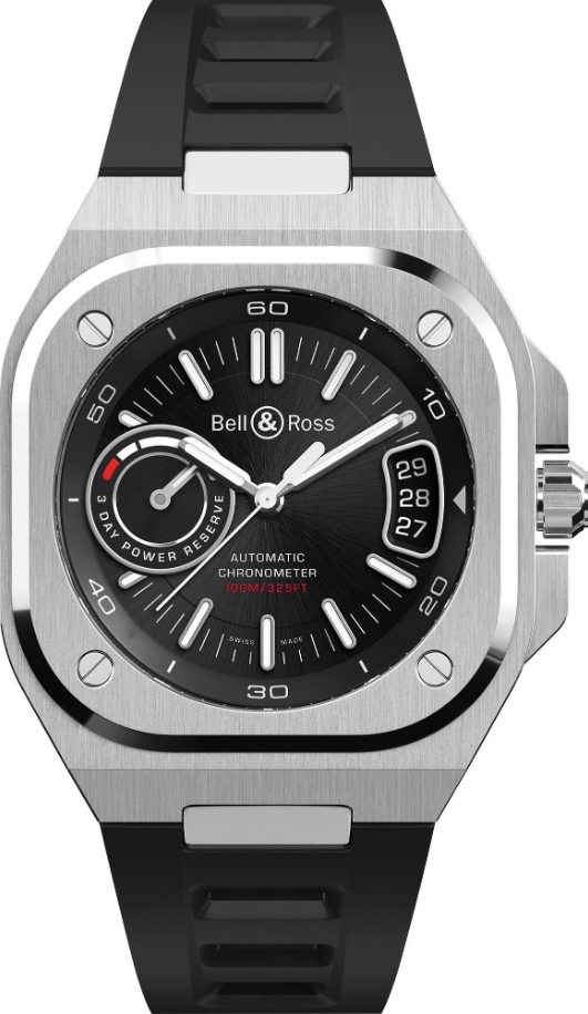BR-X5 41mm in Steel on Black Rubber Strap with Black Dial