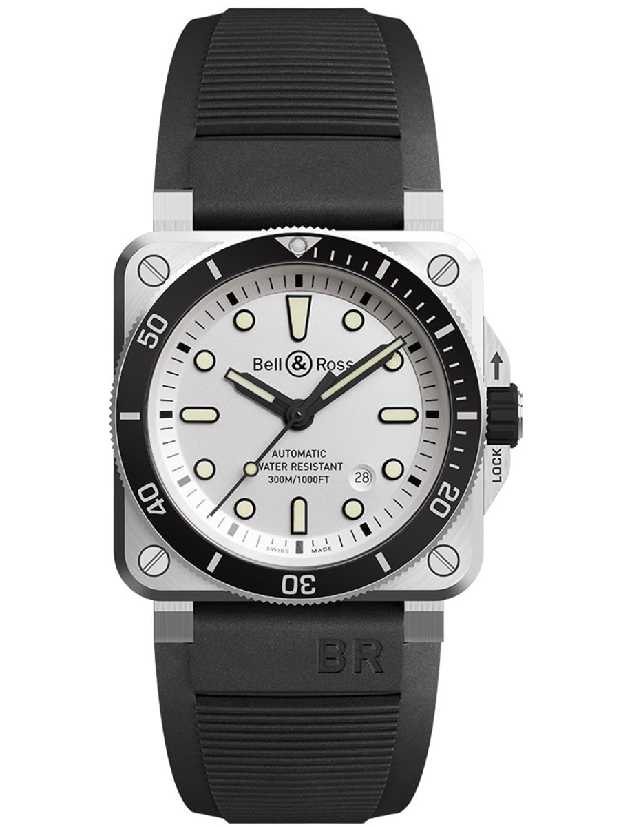 BR03-92 Diver 42mm in Steel on Black Rubber Strap with Silver Dial