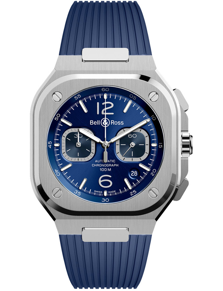 BR-05 Urban Chrono 42mm Automatic in Steel on Blue Rubber Strap with Blue Dial
