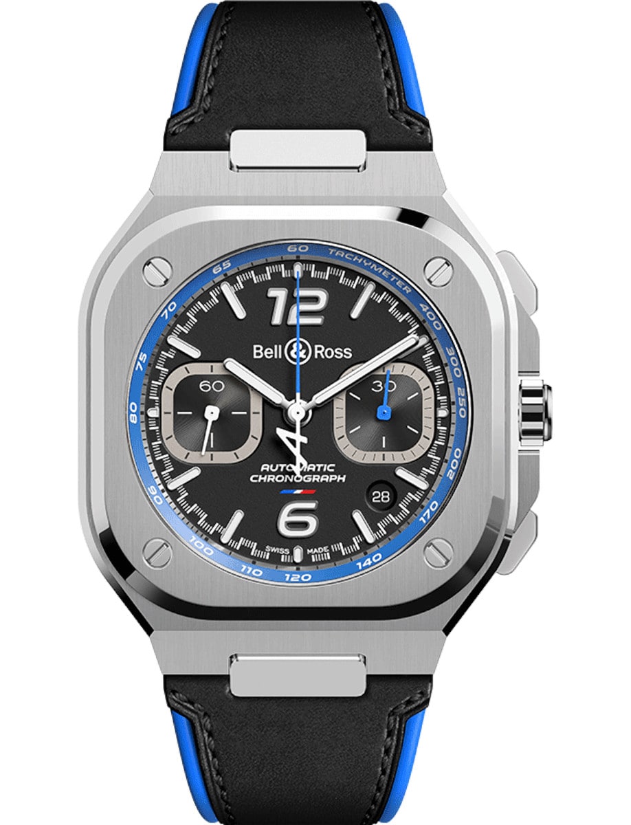 BR-05 Urban Chrono 42mm Automatic in Steel on Black and Blue Calfskin Leather Strap with Black Dial