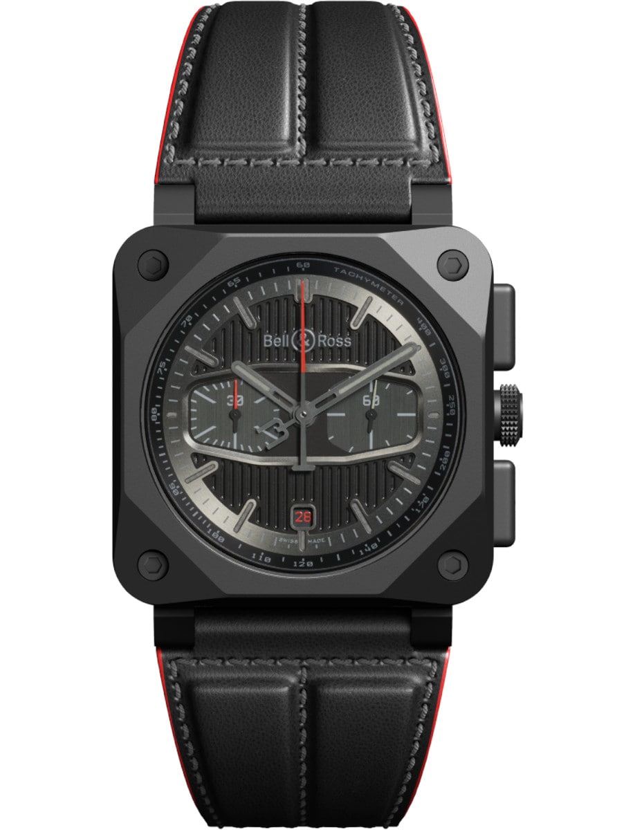 BR03-94 Instruments 42mm in Black Ceramic on Black and Red Calfskin Leather Strap with Black Dial