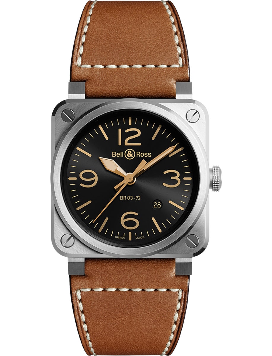 BR03-92 Golden Heritage 42mm in Steel on Tan Calfskin Leather Strap with Black Dial