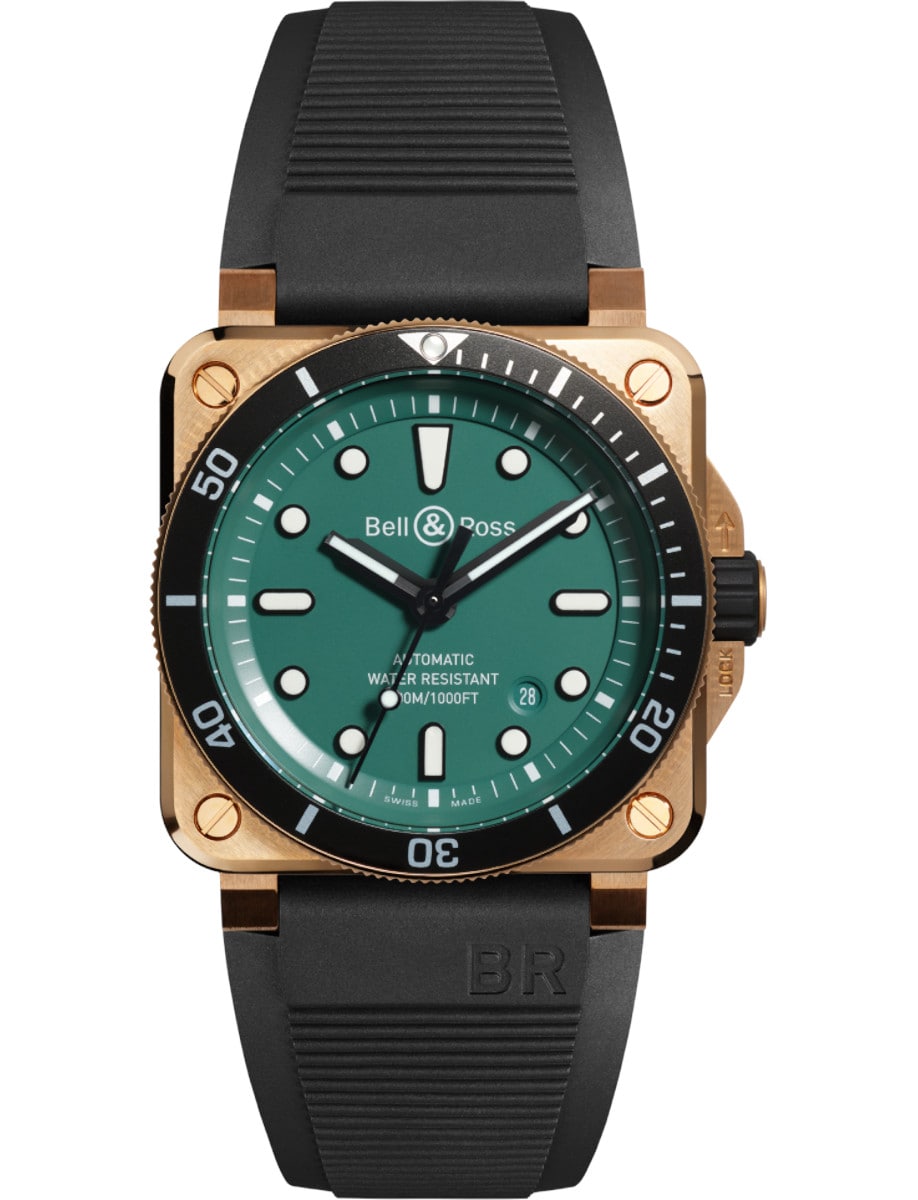 BR03-92 Diver 42mm in Bronze with Black Bezel on Black Rubber Strap with Green Dial - Limited Edition 999 pieces