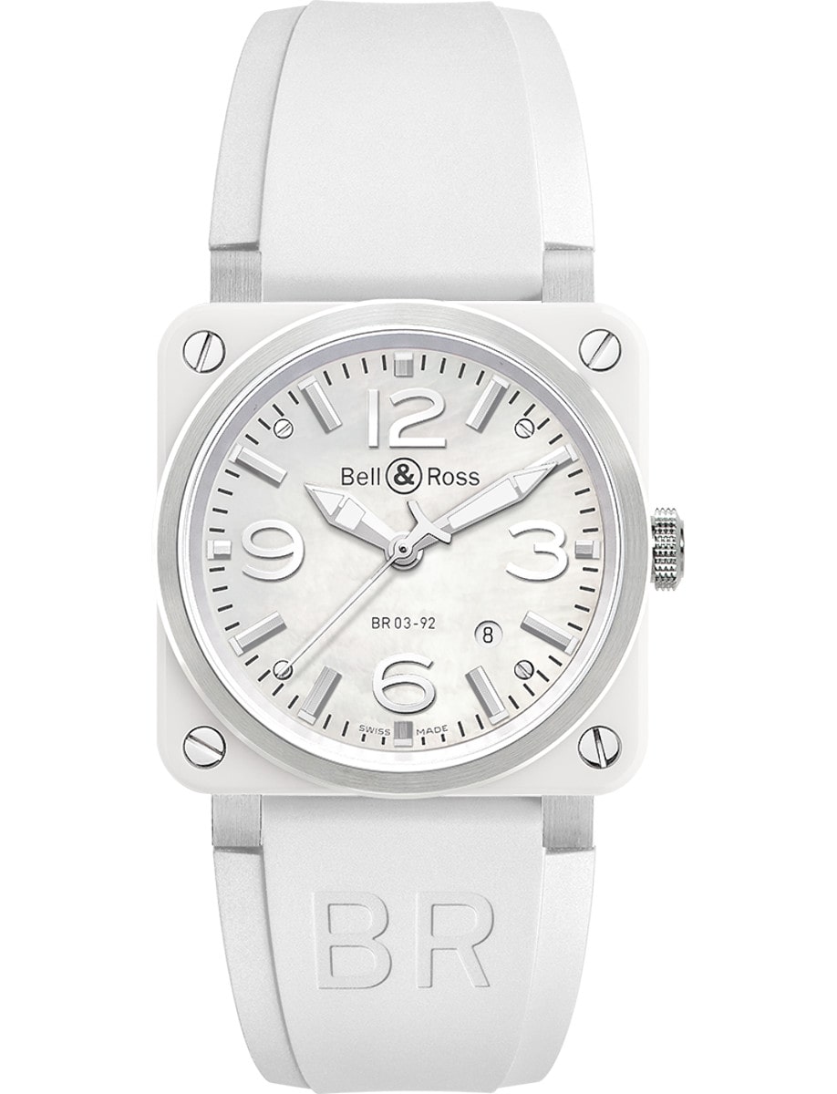 BR03-92 Diver 42mm in Bronze with White Ceramic on White Rubber Strap with Mother of Pearl Dial