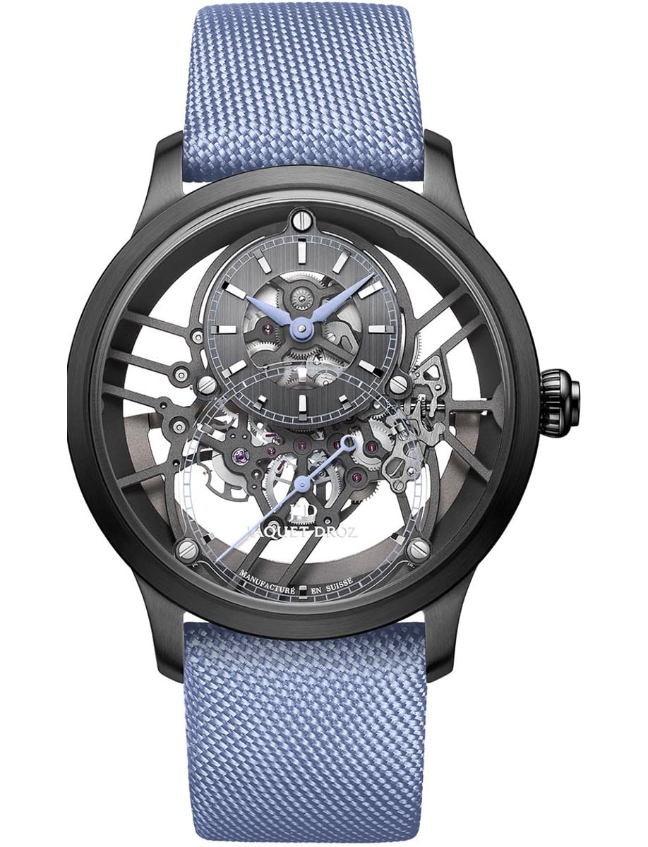 Grande Seconde Skelet One in Black Ceramic On Light Blue Fabric Strap with Skeleton Dial