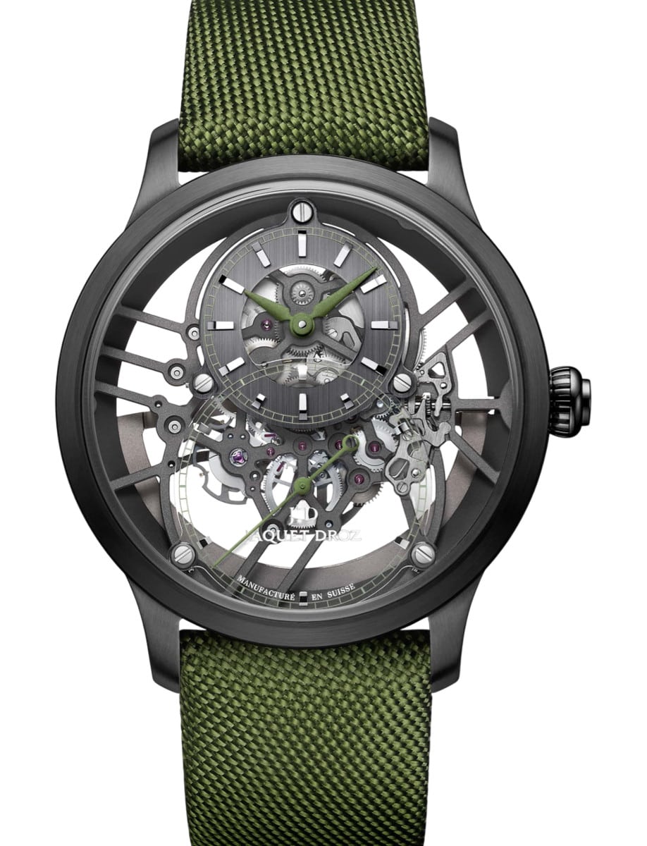 Grande Seconde Skelet One in Black Ceramic On Green Fabric Strap with Skeleton Dial