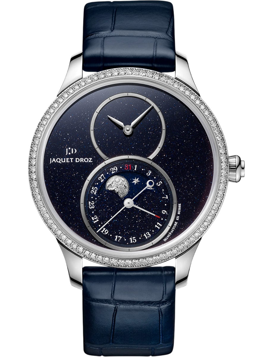 Grand Seconde Moon 39mm Automatic in Steel on Black Crocodile Leather Strap with Aventurine Dial